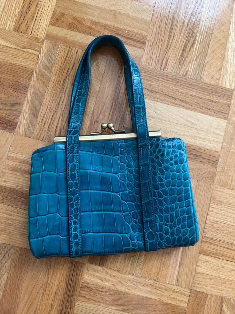 Club Monaco Teal Croc-Embossed Top-Handle Bag